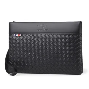 Men Business Clutch Bag Microfiber Leather Woven Texture Large Capacity Envelope Bag With Wristlet Strap For Office Casual