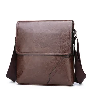 Men's dark brown faux leather shoulder bag with lychee texture and flap cover