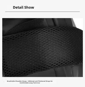 Detail of widened breathable honeycomb mesh shoulder straps on the black backpack