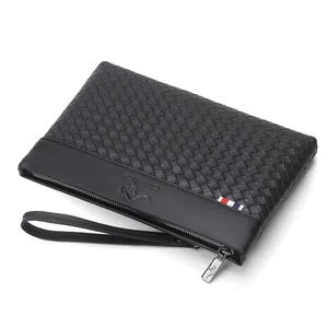Men's black woven leather clutch bag with wrist strap and kangaroo logo detail