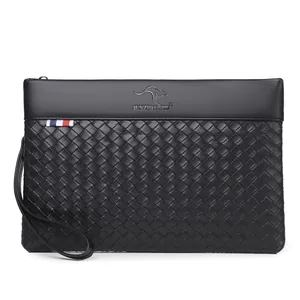 Classic black woven texture men's clutch bag with leather wrist strap and logo