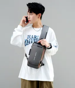 Detail view of water-resistant nylon chest bag with USB port and anti-theft lock
