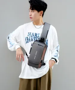 Detail view of anti-theft chest bag with security lock and waterproof fabric in grey