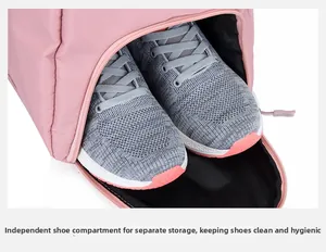 Pink fitness bag with independent bottom shoe compartment for gym and travel storage