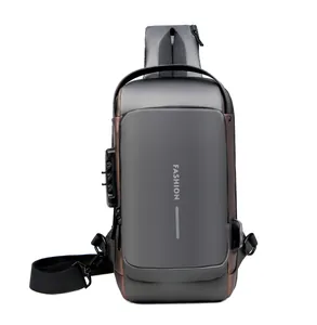 Detail view of anti-theft combination lock and USB charging port on hard shell chest bag