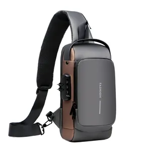 Detail view of anti-theft combination lock on hardshell crossbody bag with fashion print