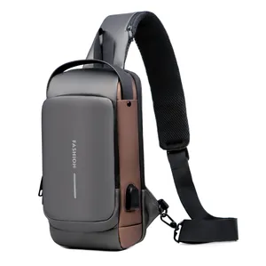 Detail of creative nylon sling bag featuring external USB port and contrast color panels