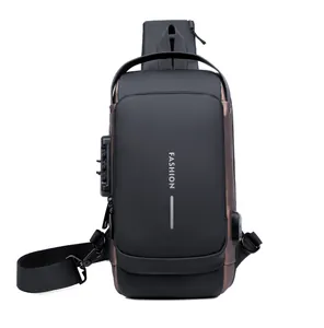 Detail view of anti-theft combination lock and USB charging port on black nylon chest bag