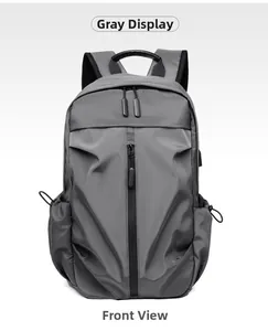 Vue détaillée du sac à dos gris étanche pour ordinateur avec fermeture éclair verticale