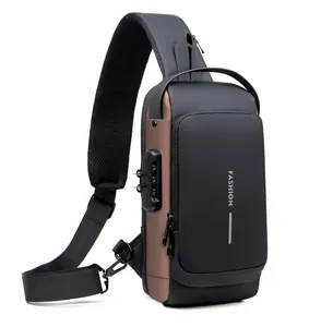 Detail view of the secure anti-theft combination lock on a durable nylon sling bag side