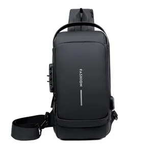 Detail of minimalist black nylon chest bag with anti-theft lock and external USB port