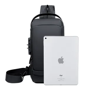 Detail shot of black tactical chest bag showing spacious capacity for a 10-inch iPad