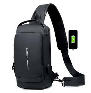 Detail of waterproof chest bag with integrated USB port and breathable mesh shoulder strap