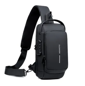 Detail of crossbody bag featuring anti-theft combination lock and external USB charging port