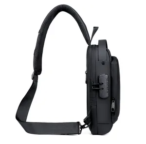 Detail view of anti-theft combination lock and breathable shoulder strap on black chest bag
