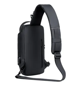 Detailed back view of nylon crossbody bag with USB port and breathable mesh shoulder strap