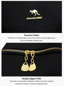 Dettaglio del logo a canguro dorato e delle doppie cerniere in metallo sullo zaino nero oxford