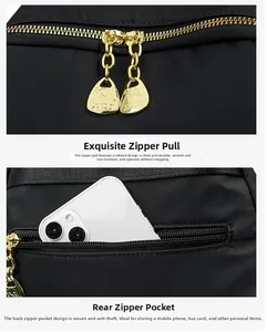 Dettaglio zaino in nylon impermeabile con tasca posteriore antifurto e zip dorata