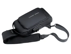 Detail of multi-functional black chest bag featuring anti-theft combination lock and strap