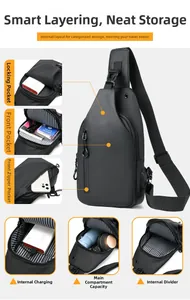 Détails des compartiments multifonctionnels et du port de charge USB du sac de poitrine noir