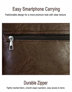 Detailaufnahme des Metallreißverschlusses und der braunen Leder-Rückentasche der Tasche