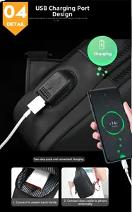 Détail du sac de poitrine pour homme avec port de chargement USB externe et câble de connexion