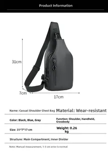 Spécifications de taille pour le sac bandoulière imperméable homme, 31x7x17cm
