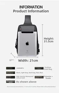 Detailed size chart of black oxford sling bag showing 31.5x21x6cm with iPad comparison
