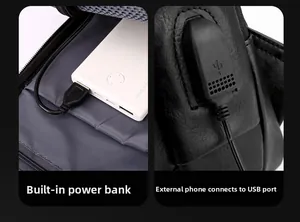 Vue détaillée de la poche interne pour batterie et du port de charge USB externe du sac