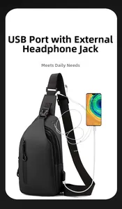 Detail of crossbody bag featuring integrated USB interface and external headphone hole