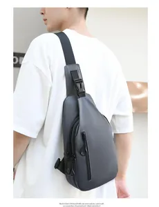 Sac de poitrine gris imperméable pour homme avec double fermeture éclair et boucle style