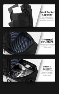 Detail showing internal compartments of black waterproof crossbody bag with blue lining