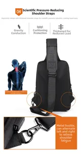 Detail of ergonomic padded shoulder strap with metal buckle and USB port on black chest bag