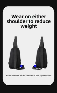 Detail of breathable mesh back and adjustable D-ring buckles for left or right shoulder carry