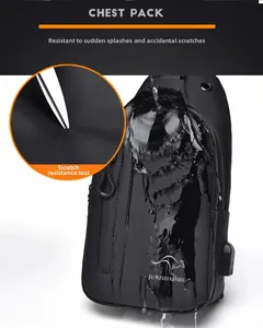 Waterproof and scratch-resistant black chest pack with external USB charging port detail