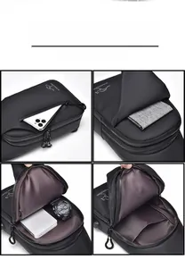 Detail view of multi-compartment interior storage in a black waterproof chest bag