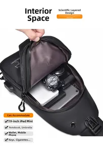 Detail view of the multi-layer internal storage for a 7.9-inch iPad in this men's chest bag