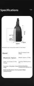 Detail showing dimensions 31x16x8cm and capacity for a 9.7-inch iPad in this chest bag