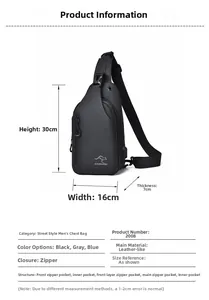 Detailed size chart for black men chest bag showing 30x16x7cm and USB port features