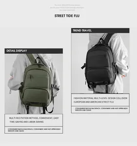 Détails des sacs à dos en nylon imperméable vert foncé et noir avec poches zippées multiples