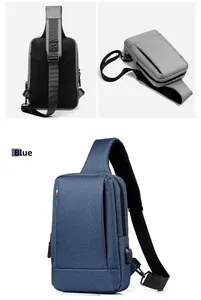 Detail view of Oxford fabric chest bag featuring USB charging port and breathable mesh back
