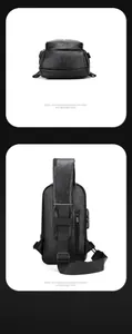 Détails du sac de poitrine en cuir vintage noir avec poche antivol et sangle en filet