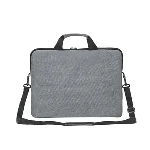 Waterproof grey fabric business briefcase with adjustable shoulder strap and black handles