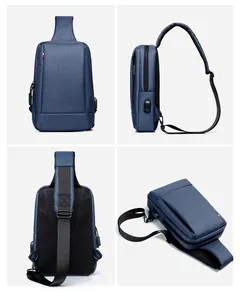 Detail view of Oxford fabric sling bag showing USB charging port and breathable mesh back