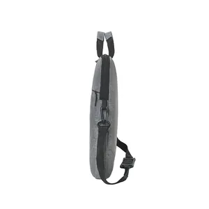 Gray fabric laptop bag with black top handles and detachable shoulder strap on white background