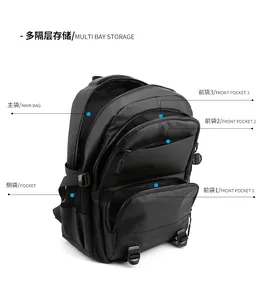 Détails du rangement multi-compartiments du sac à dos professionnel noir imperméable