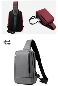 Detail view of Oxford fabric chest bag with USB charging port and breathable mesh back