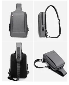 Detail view of Oxford fabric sling bag showing USB port, breathable mesh back and metal clips