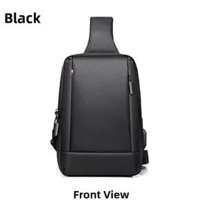 Front view of black waterproof Oxford chest bag with USB port and tricolor ribbon detail