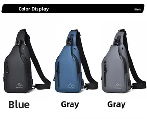 Waterproof men's sling bags shown in black, blue, and grey with external USB charging ports